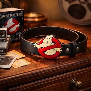 Quiksilver Black Leather Belt with Vintage 2011 Ghostbusters Belt Buckle